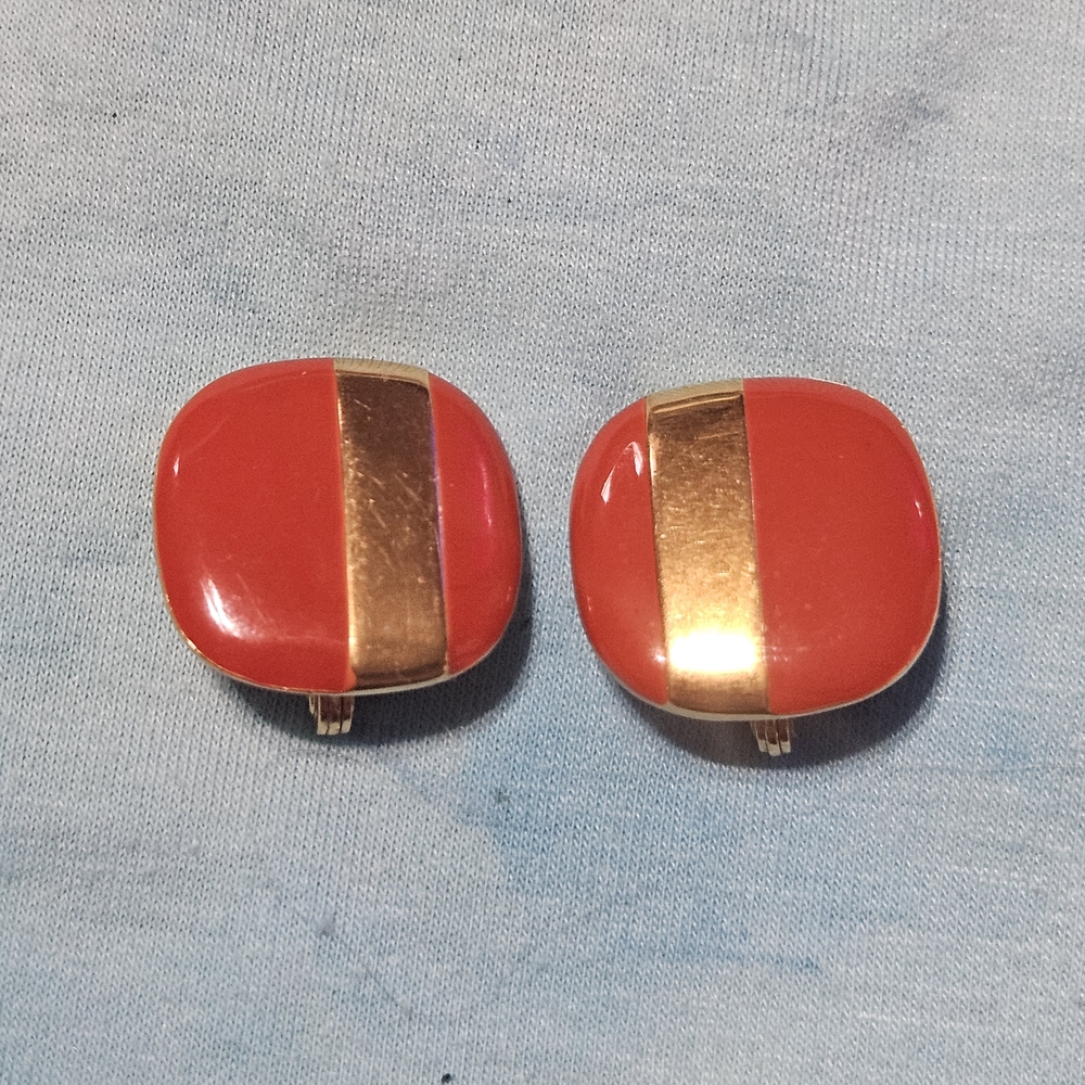 Vintage Monet Red Enamel and Gold Trim Square Clip-on Earrings